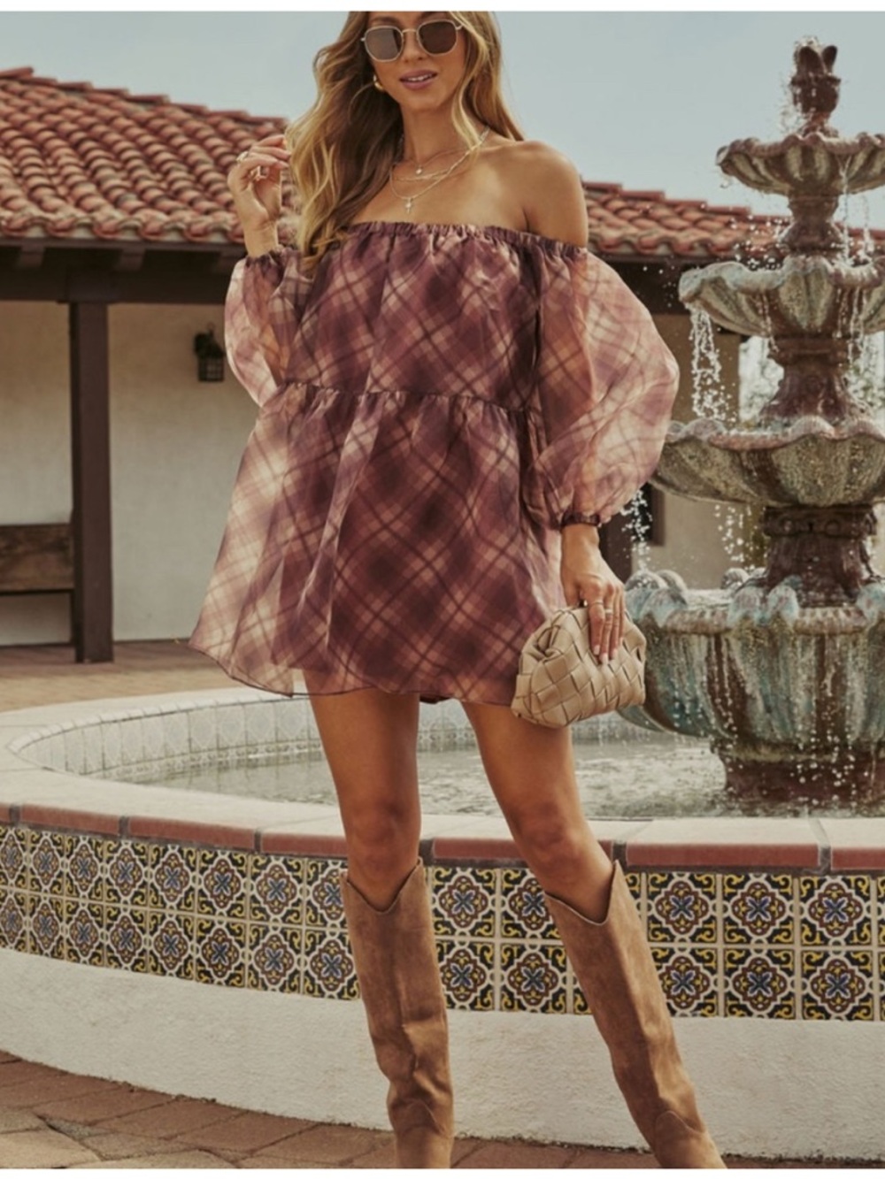 Vici Off-Shoulder Plaid Babydoll Dress in Mauve and Cream